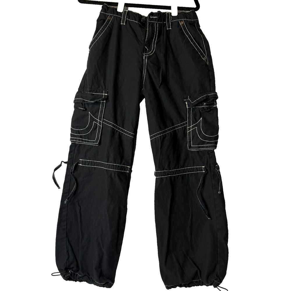 True Religion Cargo Pants Womens 26 Black White Stitch Baggy Y2K Parachute